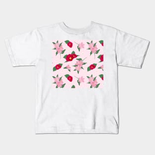 Pink and Red Flowers on Pink Background Kids T-Shirt